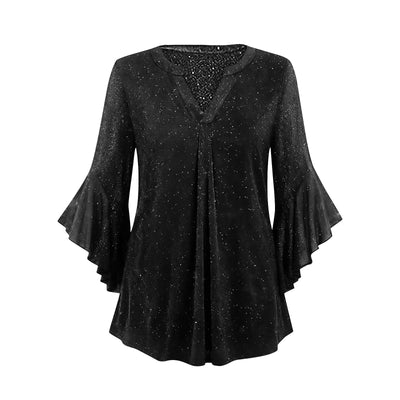 Blusa Suelta de Malla Plateada con Cuello V y Mangas 3/4 Pétalos - Image 27