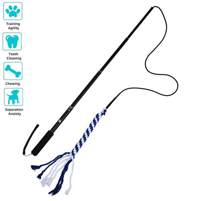 Black telescopic pet training rod with a black cord and two interchangeable braided fabric attachments in green/yellow and blue. - Image 8
