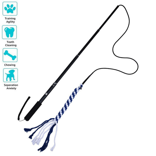 Black telescopic pet training rod with a black cord and two interchangeable braided fabric attachments in green/yellow and blue. - Image 8