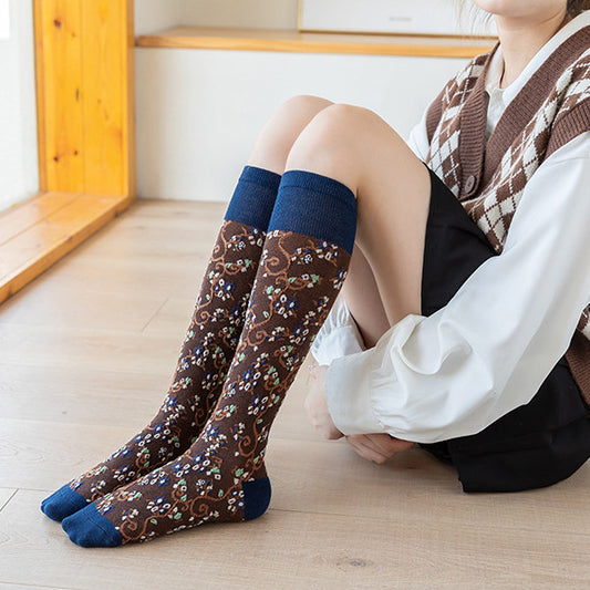 Calcetines Largos de Algodón Peinado con Diseño Floral para Otoño e Invierno