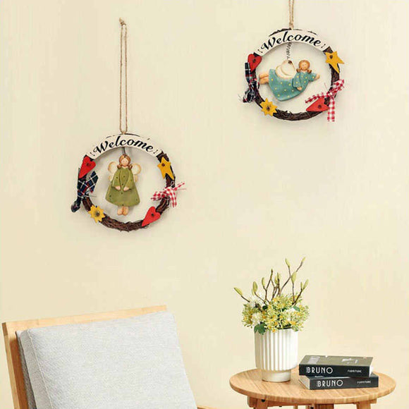 Placa Decorativa de Bienvenida en Madera con Guirnalda para Puerta