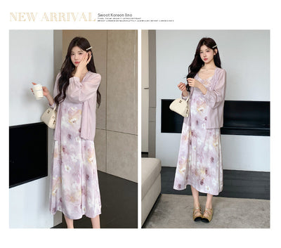 Conjunto Dos Piezas: Vestido Slip Estampado Morado con Cardigan Suave - Image 24