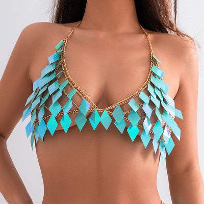 Woman wearing a gold-tone body chain top with iridescent pink and orange diamond-shaped sequins, perfect for beach or festival. - Image 22