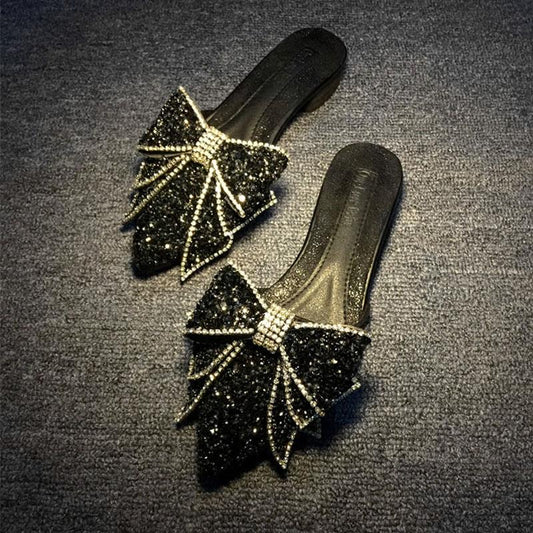 Pantuflas Elegantes para Mujer con Moño y Cristales Brillantes