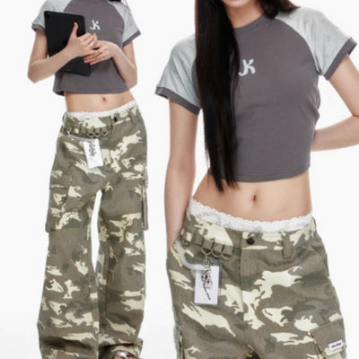 Pantalones Vaqueros Camuflaje Desteñido con Múltiples Bolsillos y Efecto Gastado