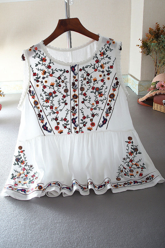 Blusa Retro Holgada con Bordado Floral
