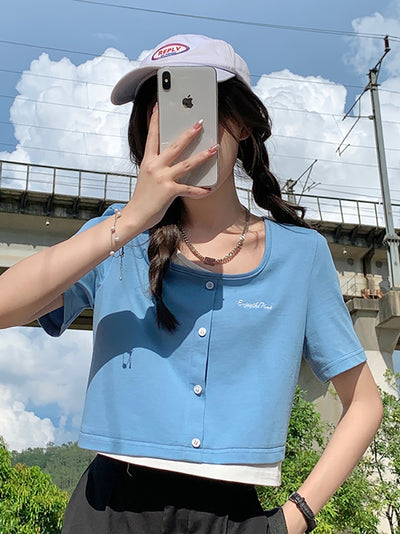 Blusa Dulce de Escote Cuadrado y Manga Corta Falsa de Dos Piezas - Image 9