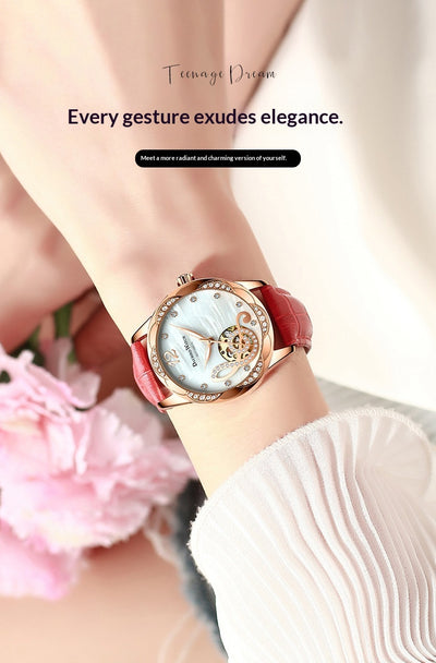 Reloj Automático para Mujer Deyi Bird Rojo Vino con Diseño Calado - Image 9