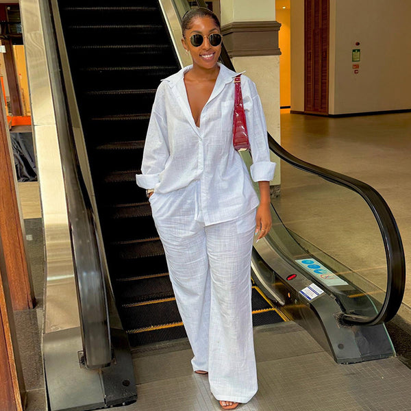 Conjunto Elegante: Camisa Blanca Suelta y Pantalón Ancho de Pierna Amplia - Image 6