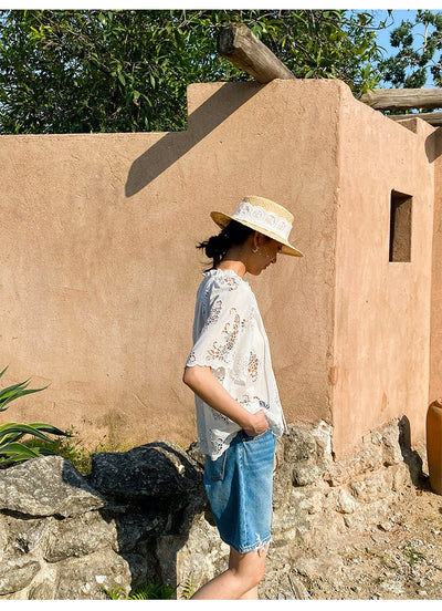 Blusa Blanca Estilo Francés con Encaje Bordado y Manga Corta - Image 14