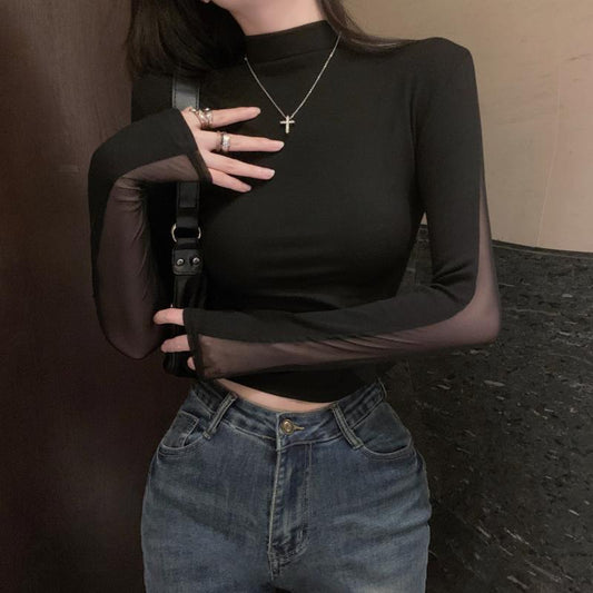 Blusa Chic Primavera-Otoño con Malla y Manga Larga