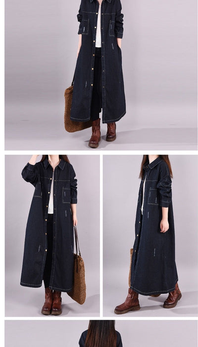 Abrigo Denim Tipo Trench Suelto Retro Desgastado Largo Medio - Image 16