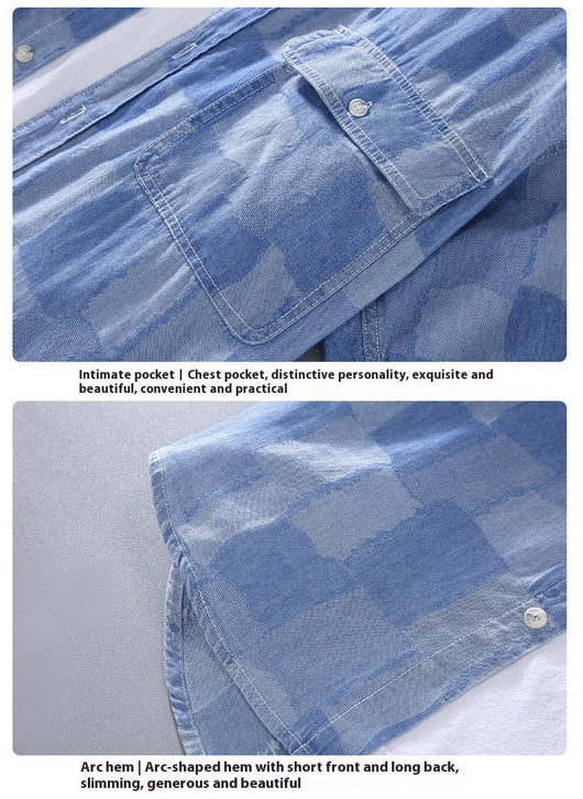 Camisa Denim Estampada de Manga Corta Cuadros Verano Hombre - Image 11