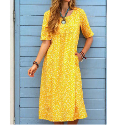 Vestido Midi Floral Escote Redondo Manga Corta - Image 11
