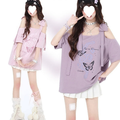 Blusa Hombros Descubiertos con Lazo Estampado Manga Corta - Image 4