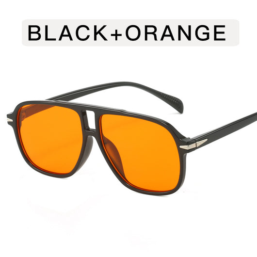 Black frame retro double beam sunglasses with bright orange lenses, featuring silver accents on the temples. - Image 7
