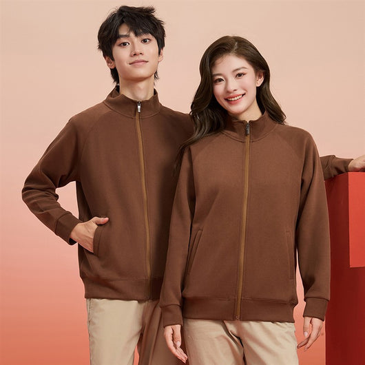 Purple full-zip jacket with a stand-up collar, raglan sleeves, and front pockets, displayed on a hanger. - Image 24