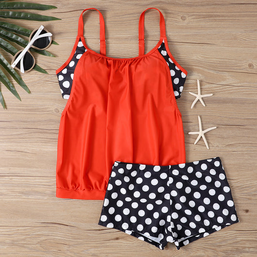 Women's two-piece swimsuit with a turquoise tankini top and black boxer bottoms with turquoise polka dots. - Image 7