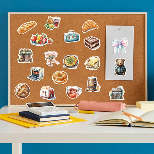50 cartoon-style graffiti stickers featuring holiday and daily life themes, displayed around a pink and blue gradient water bottle with a bow sticker. - Image 8