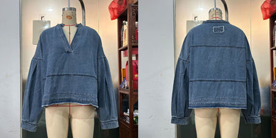 Blusa Denim Holgada de Cuello V y Manga Larga Versátil - Image 11
