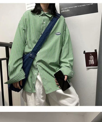 Camisa de Manga Larga Estilo Hong Kong a Rayas Casual Suelta Juvenil - Image 14