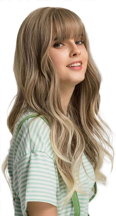 Peluca Larga Rizada con Flequillo Marrón para Mujer - Image 14