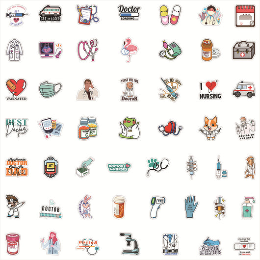 50 waterproof PVC stickers with a medical theme, featuring doctors, nurses, ambulances, and medical equipment. - Image 8