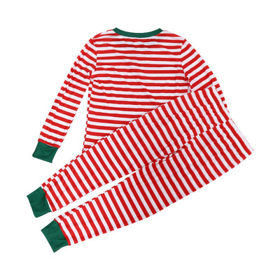 Family of six wearing matching red and white striped long-sleeved pajamas with green cuffs and festive hats. - Image 7
