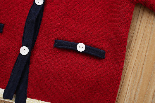 Conjunto Infantil Coreano Cardigan Tejido Liso Dos Piezas con Falda - Image 10