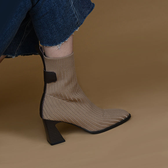 Botas Tejidas de Punta Cuadrada con Tacón Robusto y Caña Elástica