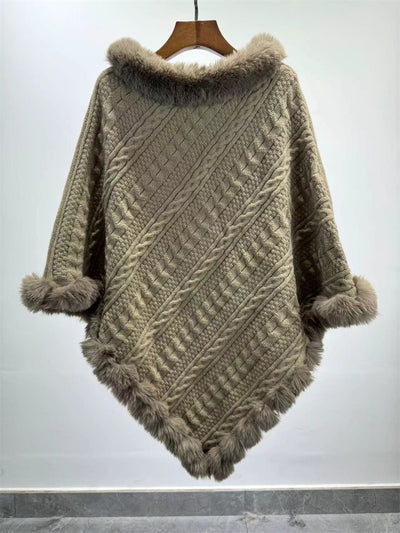 Poncho Tipo Capa de Punto Grueso con Cuello de Pelaje - Image 23