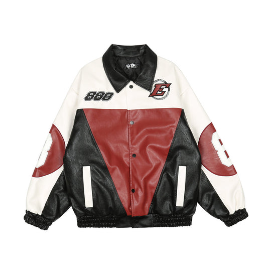 Chaqueta de Cuero PU con Letras Bordadas y Contraste de Colores para Hombre - Image 6