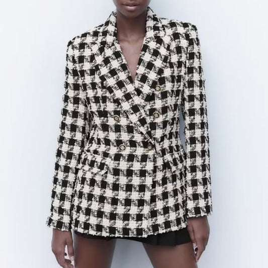 Abrigo Tipo Blazer Doble Botonadura Pata de Gallo para Mujer
