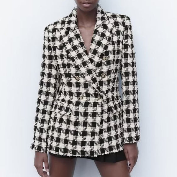 Abrigo Tipo Blazer Doble Botonadura Pata de Gallo para Mujer