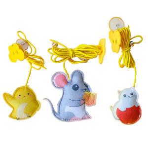 Colorful cat toy with pom-poms, googly eyes, white feathers, and a yellow elastic rope with a suction cup. - Image 11