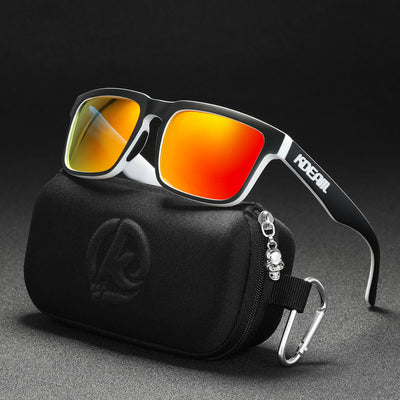 Men's and women's dazzling blue and black striped polarized sunglasses with gray lenses and a black case. - Image 17