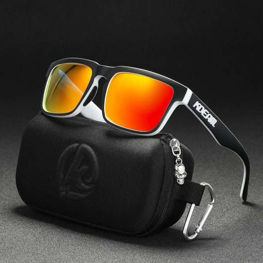 Men's and women's dazzling blue and black striped polarized sunglasses with gray lenses and a black case. - Image 17