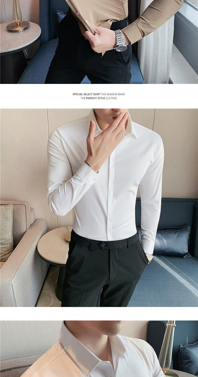 Camisa Ejecutiva Coreana Slim Fit de Punto Elástico para Hombre - Image 25