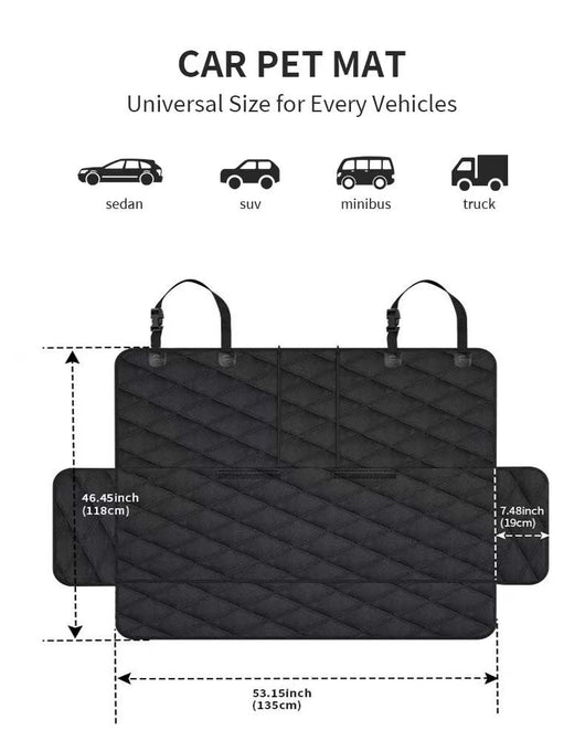 Black quilted car seat cover for dogs, shown with a golden retriever, protecting the rear seat from water and dirt. - Image 14