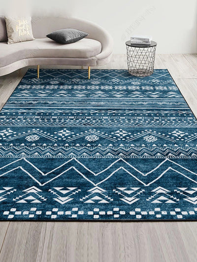 Rectangular area rug with white background and horizontal stripes of black, teal, and yellow tribal patterns. - Image 28
