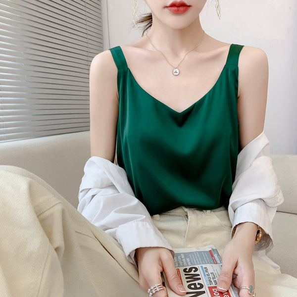 Blusa Interior de Seda Blanca Cuello V - Acetato Satinado Premium