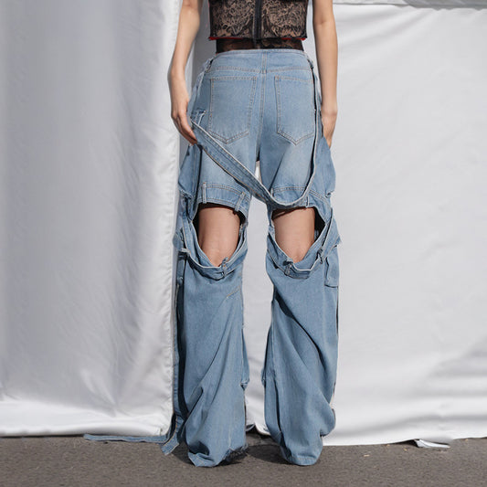 Pantalón Cargo Denim con Diseño de Cinta Decorativa y Bolsillos Múltiples - Image 2