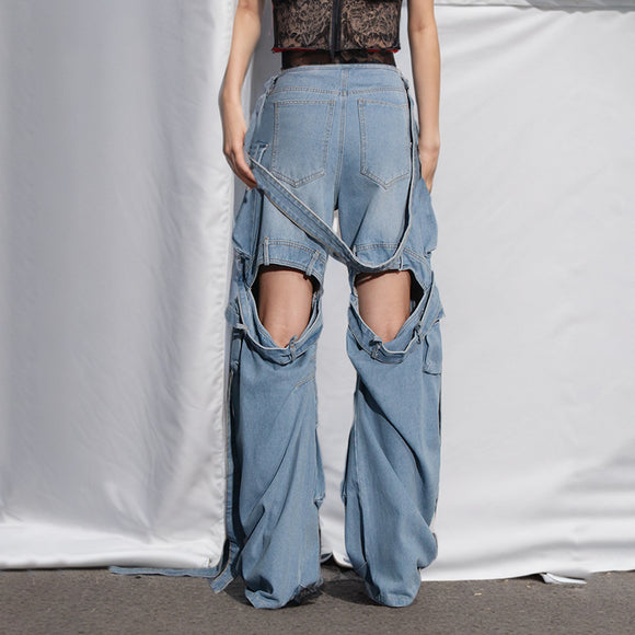 Pantalón Cargo Denim con Diseño de Cinta Decorativa y Bolsillos Múltiples