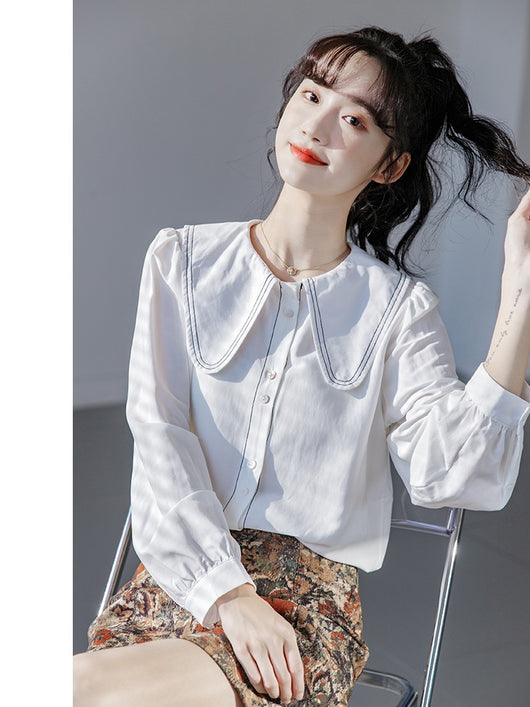 Blusa Cuello Bebé Azul Manga Larga Diseño Sofisticado para Mujer - Image 2
