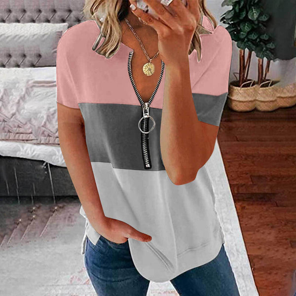 Playera Mujer Cuello V con Cierre y Detalles a Contraste
