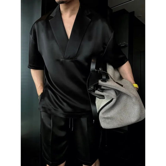 Conjunto de Verano para Hombre - Outfit Casual 2 Piezas con Camisa de Solapa y Shorts