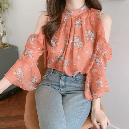 Blusa Floral Hombros Descubiertos con Mangas Acampanadas - Diseño Elegante para Primavera - Image 10