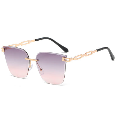 Frameless oversized square sunglasses with brown gradient lenses and gold-tone metal temples, featuring decorative black studs. - Image 6