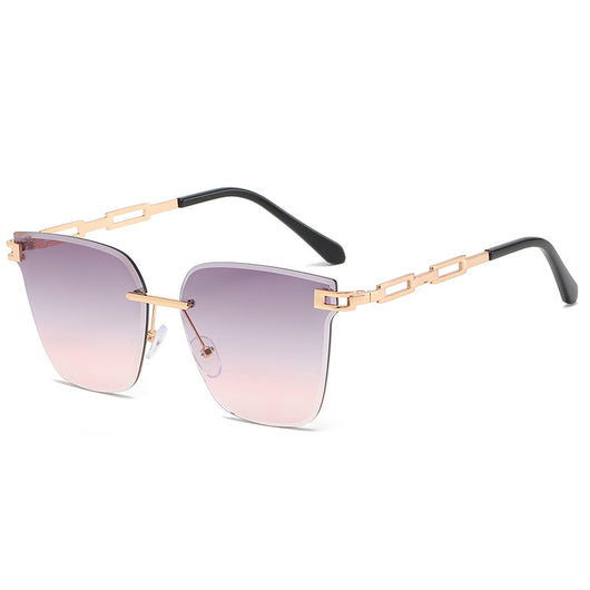Frameless oversized square sunglasses with brown gradient lenses and gold-tone metal temples, featuring decorative black studs. - Image 6