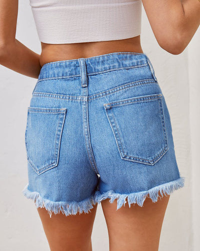 Shorts Denim Talle Alto con Roturas y Flecos - Image 10